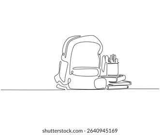 Continuous one line drawing of opened backpack with stationary. One line drawing illustration of backpack and school tools. School accessory, back to school concept single line. Editable outline