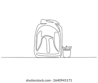 Continuous one line drawing of opened backpack with stationary. One line drawing illustration of backpack and school tools. School accessory, back to school concept single line. Editable outline