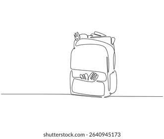 Continuous one line drawing of opened backpack with stationary. One line drawing illustration of backpack and school tools. School accessory, back to school concept single line. Editable outline