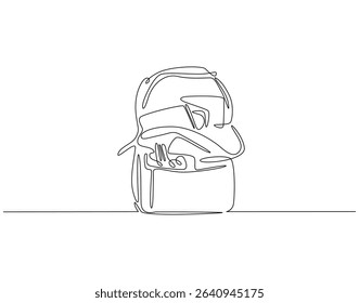 Continuous one line drawing of opened backpack with stationary. One line drawing illustration of backpack and school tools. School accessory, back to school concept single line. Editable outline