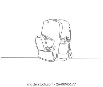 Continuous one line drawing of opened backpack with stationary. One line drawing illustration of backpack and school tools. School accessory, back to school concept single line. Editable outline