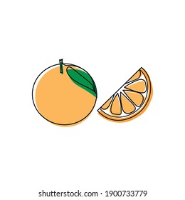 Continuous one line drawing an orange fruit. Vector illustration perfect for greeting cards, party invitations, posters, stickers, clothing. Silhouette of an orange fruit. Food concept