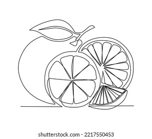 Continuous one line drawing of Orange Fruit. slice of orange fruit hand drawn single line art vector illustration.
