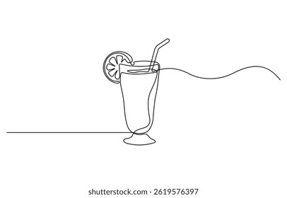 Continuous one line drawing of orange juice vector illustration . Orange juice in a glass with lemon wedges on the glass. Glass of orange drink and lemon slices in doodle style.