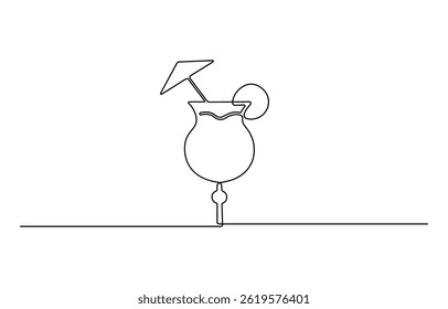 Continuous one line drawing of orange juice vector illustration . Orange juice in a glass with lemon wedges on the glass. Glass of orange drink and lemon slices in doodle style.