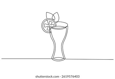 Continuous one line drawing of orange juice vector illustration . Orange juice in a glass with lemon wedges on the glass. Glass of orange drink and lemon slices in doodle style.