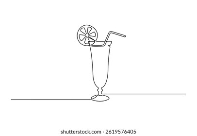 Continuous one line drawing of orange juice vector illustration . Orange juice in a glass with lemon wedges on the glass. Glass of orange drink and lemon slices in doodle style.