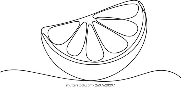 Continuous one line drawing of an orange fruit slice, minimal black line sketch on white background, citrus vector illustration

