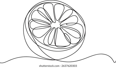 Continuous one line drawing of an orange fruit slice, minimal black line sketch on white background, citrus vector illustration

