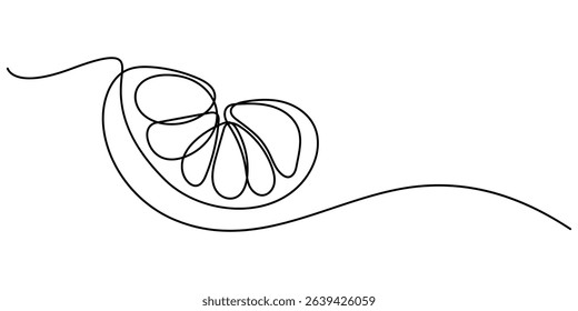  Continuous one line drawing of an orange fruit slice, minimal black line sketch on white background, citrus vector illustration, Artistic depiction of vibrant oranges with sliced fruit in the center.