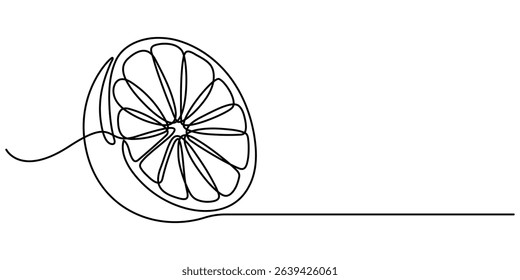  Continuous one line drawing of an orange fruit slice, minimal black line sketch on white background, citrus vector illustration, Artistic depiction of vibrant oranges with sliced fruit in the center.