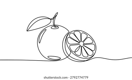 continuous one line drawing of orange fruit and citrus slice, minimalist healthy food illustration with elegant linear outline style, modern vector artwork for nutrition themes