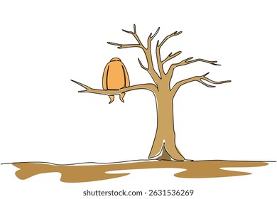 Continuous one line drawing an orangutan sitting on large dry tree branch. Scarcity of endemic animals without cultivation. National Endangered Species Day. Single line draw design vector illustration