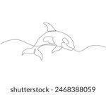 Continuous one line drawing of orca whale. One line drawing illustration of whale killer fish. Killer sea animal concept continuous line art. Editable outline.