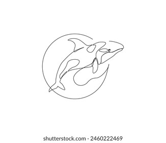 Continuous one line drawing of orca whale. Killer whale single outline vector design. Editable stroke.