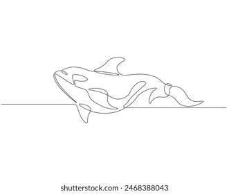 Continuous one line drawing of orca whale. One line drawing illustration of whale killer fish. Killer sea animal concept continuous line art. Editable outline.