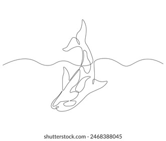 Continuous one line drawing of orca whale. One line drawing illustration of whale killer fish. Killer sea animal concept continuous line art. Editable outline.