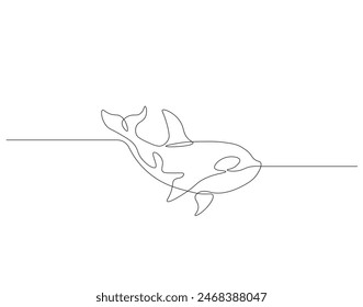 Continuous one line drawing of orca whale. One line drawing illustration of whale killer fish. Killer sea animal concept continuous line art. Editable outline.