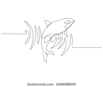 Continuous one line drawing of orca whale. One line drawing illustration of whale killer fish. Killer sea animal concept continuous line art. Editable outline.