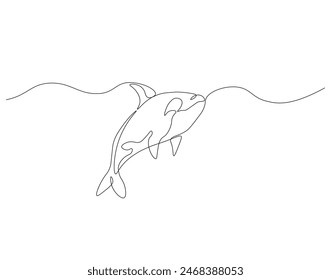 Continuous one line drawing of orca whale. One line drawing illustration of whale killer fish. Killer sea animal concept continuous line art. Editable outline.