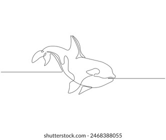 Continuous one line drawing of orca whale. One line drawing illustration of whale killer fish. Killer sea animal concept continuous line art. Editable outline.