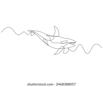 Continuous one line drawing of orca whale. One line drawing illustration of whale killer fish. Killer sea animal concept continuous line art. Editable outline.