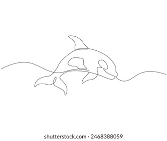 Continuous one line drawing of orca whale. One line drawing illustration of whale killer fish. Killer sea animal concept continuous line art. Editable outline.