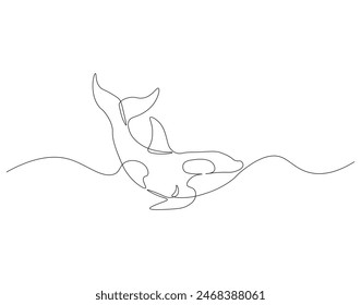 Continuous one line drawing of orca whale. One line drawing illustration of whale killer fish. Killer sea animal concept continuous line art. Editable outline.