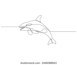 Continuous one line drawing of orca whale. One line drawing illustration of whale killer fish. Killer sea animal concept continuous line art. Editable outline.