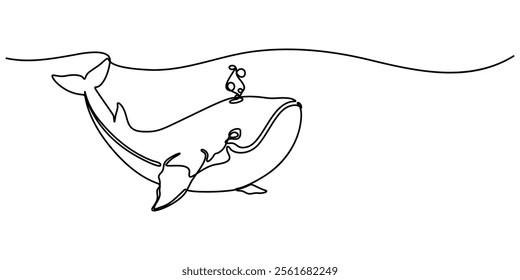 Continuous one line drawing of orca whale. One line of wild whale killer. Under ocean concept continuous line art. Editable outline, World Maritime Day. whale, continuous single line art hand drawing.