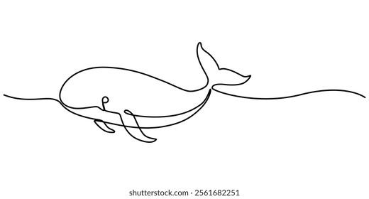 Continuous one line drawing of orca whale. One line of wild whale killer. Under ocean concept continuous line art. Editable outline, World Maritime Day. whale, continuous single line art hand drawing.