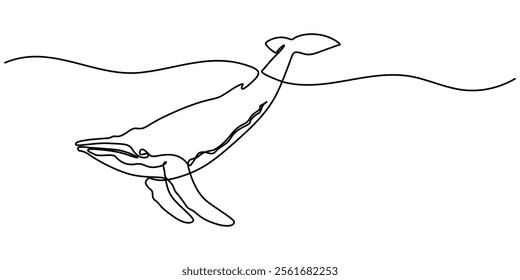 Continuous one line drawing of orca whale. One line of wild whale killer. Under ocean concept continuous line art. Editable outline, World Maritime Day. whale, continuous single line art hand drawing.