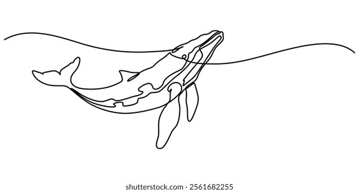 Continuous one line drawing of orca whale. One line of wild whale killer. Under ocean concept continuous line art. Editable outline, World Maritime Day. whale, continuous single line art hand drawing.