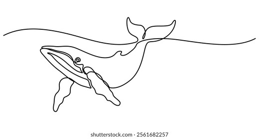 Continuous one line drawing of orca whale. One line of wild whale killer. Under ocean concept continuous line art. Editable outline, World Maritime Day. whale, continuous single line art hand drawing.