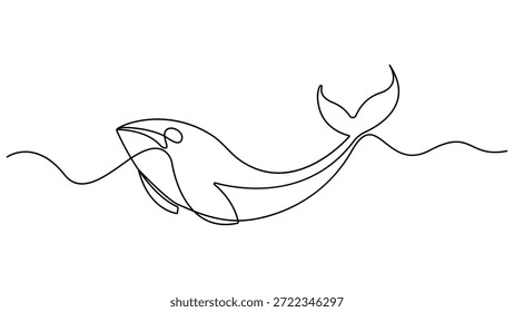 Continuous one line drawing of orca whale. One line of wild whale killer. Under ocean concept continuous line art. World Maritime Day. Sea whale icon line continuous drawing vector. Editable outline