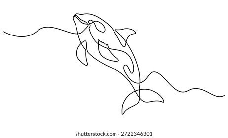 Dibujo continuo de una línea de orca ballena. Una línea de asesino de ballenas salvajes. Bajo el concepto de océano arte de línea continua. Día Marítimo Mundial. Línea de iconos de ballena marina Vector de dibujo continuo. Esquema editable