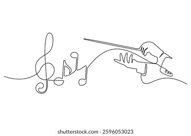 Continuous one line drawing of orchestra conductor. Single line drawing illustration of hand holding baton. Music instruments concept vector art. Doodle line illustration. 

