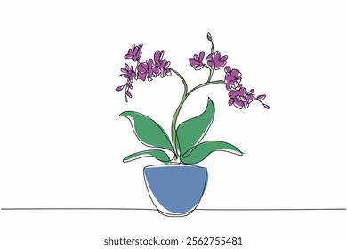 Continuous one line drawing orchid flowers in pots. Ornamental plants can be used as hair oil ingredients. Beautiful medicinal plants. National Orchid Day. Single line draw design vector illustration