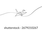 Continuous one line drawing of origami crane. Japanese hobby. Vector illustration