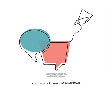 Continuous one line drawing of origami paper plane and speech bubble. Trendy line art vector on a white background. Vector illustration.