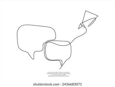 Continuous one line drawing of origami paper plane and speech bubble. Trendy line art vector on a white background. Vector illustration.
