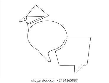 Dibujo continuo de una línea de plano de papel de origami y burbuja de habla. Vector de arte de moda en un fondo blanco. Ilustración vectorial.