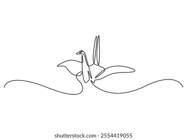 Continuous one line drawing of origami crane. Vector illustration