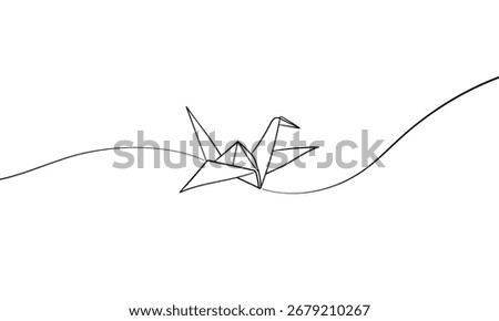 Continuous one line drawing of origami crane. Japanese hobby. Vector illustration