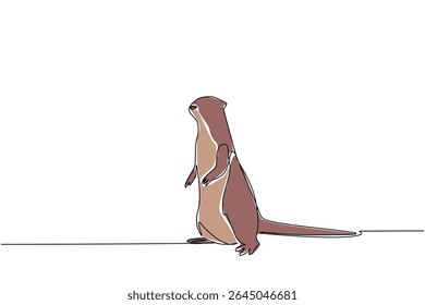 Uma linha contínua desenhando lontra em pé. Vigiando pequenos mamíferos para atacar. Tenha um comportamento fofo e adorável. Em perigo. Dia Mundial da Lontra. Ilustração de vetor de design de desenho de linha única