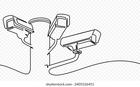 Dibujo continuo de una línea de diseño vectorial del sistema de seguridad exterior. Ilustración de arte de una sola línea sobre el tema de CCTV, cámara de seguridad sobre fondo transparente