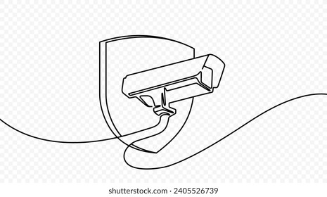 Continuous one line drawing of outdoor security system with shield vector design. Single line art illustration on the theme of CCTV, security camera on transparent background