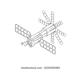 Dibujo continuo de una línea del Satélite del Espacio Ultraterrestre. Comunicaciones por satélite desde la órbita terrestre en una simple ilustración esquemática. Trazo editable.