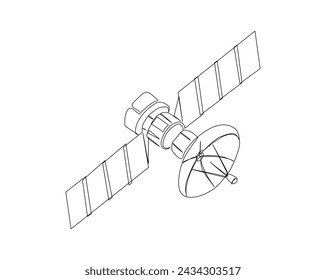 Kontinuierliche Einzeilenzeichnung des Weltraumsatelliten. Satellitenkommunikation vom Erdorbit in einfacher Umrissdarstellung. Bearbeitbarer Strich.