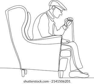 Continuous one line drawing of outline of mature man sitting in an armchair isolated on white background. Vector illustration